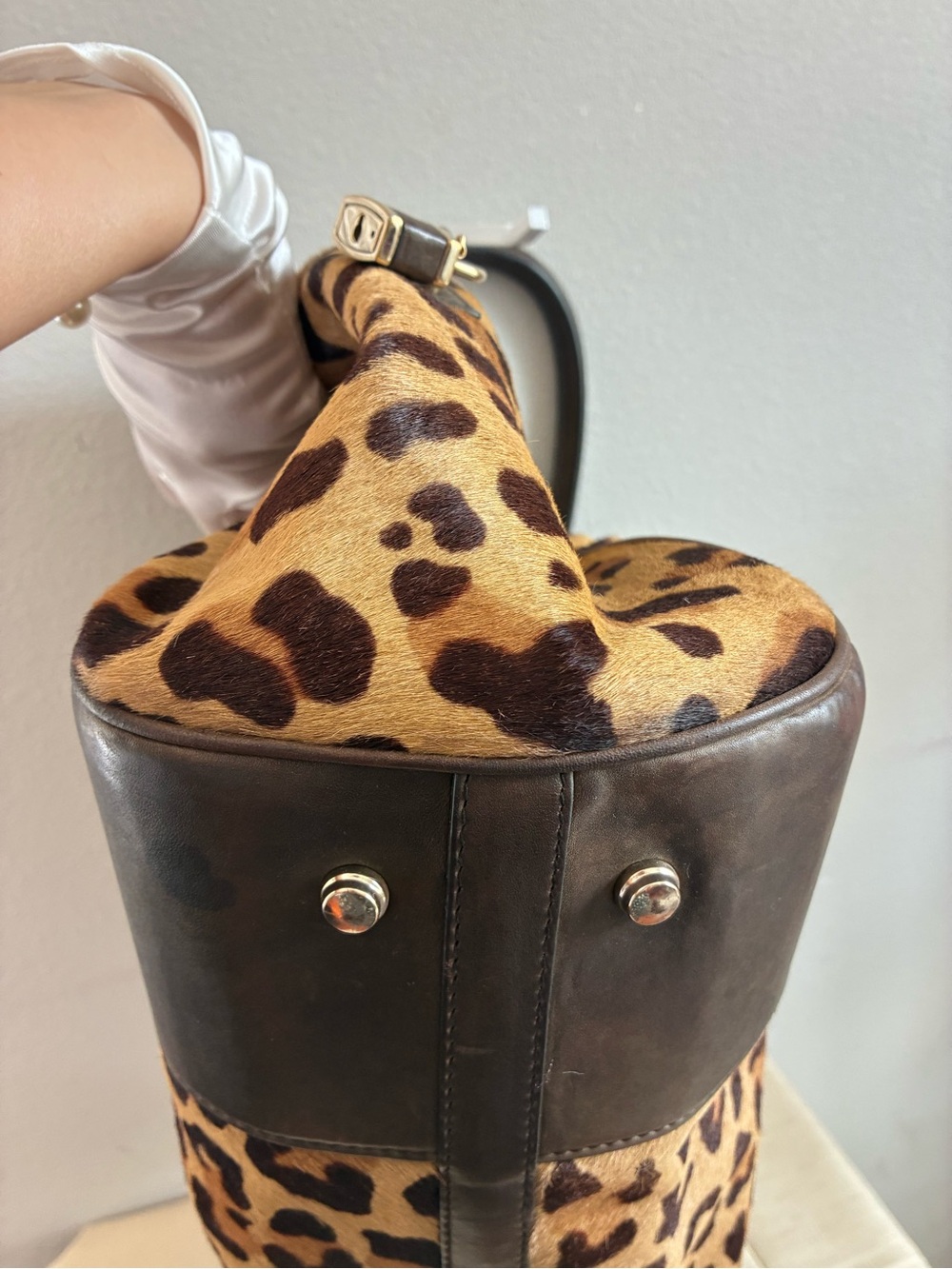 Bally Leopard Print Pony Hair Leather Satchel Bag Large Vintage Italy - Picture 8 of 9